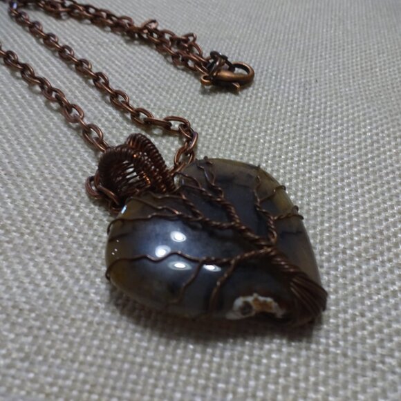Natural MONTANA AGATE Handmade COPPER WIRE-WRAPPED HEART Pendant/Chain #424C - Picture 3 of 3